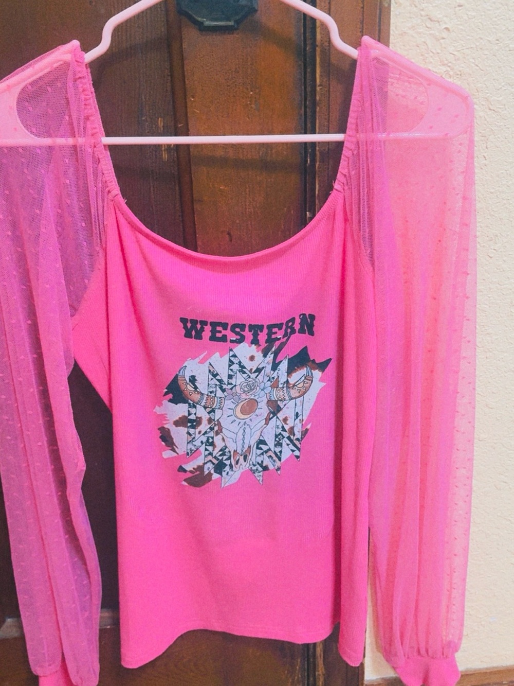 Pink Western Graphic Long-Sleeve Women's Top with Sheer Sleeves